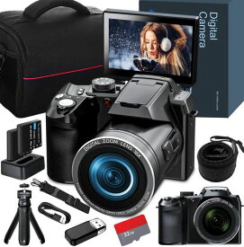 MO 写真用 64MPデジタルカメラ、YOUTUBE用4K VLOGGINGカメラ 3 ”フリップスクリーン、16Xデジタルズーム、WIFI&オートフォーカス、カメラマイク&三脚、2バッテリー、32GB TFカード