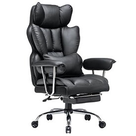 SKYE ゲーミングチェア 座り心地最高 デスクチェア オフィスチェア 肉厚座面 椅子 テレワーク ゲーム用チェア 伸縮可能のオットマン 社長椅子 PUレザー (ブラック)