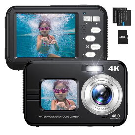 HICSHON デジタルカメラ デジカメ 4K 水中カメラ 防水カメラ オートフォーカス IP68防水 64GBカード付属 4800万画素 自撮りカメラ デュアルスクリーン 16倍デジタルズーム コンパクト 水中3.5Mまで(ブラック)
