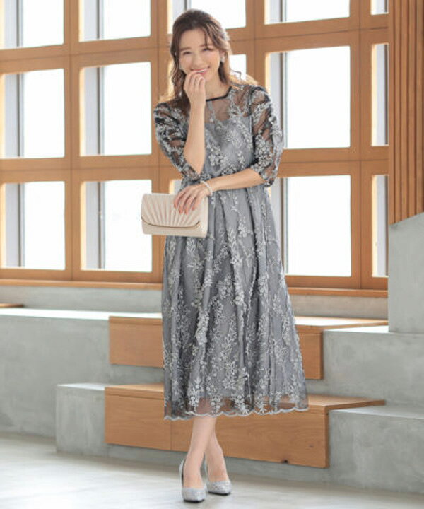 楽天市場】パーティードレス 花柄刺繍ドレス ミディ丈 結婚式  