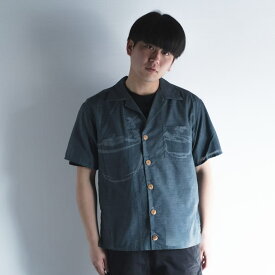 Kimono aloha shirt short sleeve 半袖 アロハシャツ オープンカラーシャツ 着物リメイク 茶道 ブルー