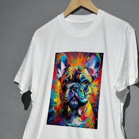 カラフルフレンチブルドッグと一緒に！オリジナルコットンプリント Tシャツ 名入れも可！親子でお揃いコーデが出来るプリントTシャツ 半袖 長袖 コットン ペアルック/リンクコーデ/キッズ/ジュニア/メンズ/レディース 90 100 110 120 130 140 150 160 S M L XL