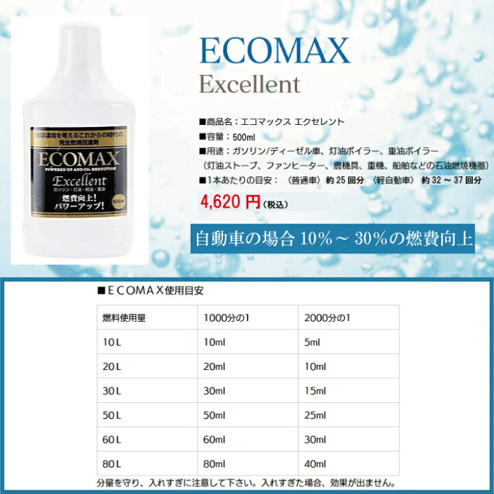 楽天市場 Ecomaxエクセレント500ml エコマックス 燃料添加剤 ガソリン燃費向上 送料無料 匠コンシェルジュ