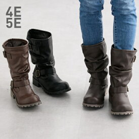 ブーツ 靴 4E 5E 幅広 ゆったり ワイド 大きいサイズ 選べる履き口 レディース くしゅくしゅ エンジニア ルーズ バックル ミドルブーツ (アクアカルダ 送料無料)