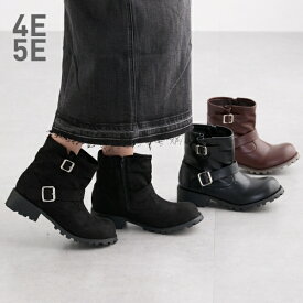 ブーツ 靴 4E 5E 幅広 ゆったり ワイド 大きいサイズ エンジニア バックル ベルト ショートブーツ タンクソール 4cm (アクアカルダ 送料無料)