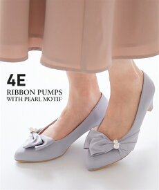 パンプス 靴 4E 幅広 ゆったり 大きいサイズ ワイド レディース パール調 モチーフ付 リボンパンプス フェミニン フォーマル セレモニー ドレス (アクアカルダ 送料無料)
