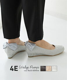 パンプス 靴 4E 幅広 ゆったり 大きいサイズ ワイド レディース バックリボン付き ウェッジ フェミニン フォーマル セレモニー ドレス (アクアカルダ 送料無料)