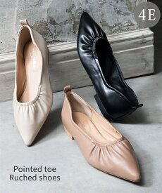 パンプス 靴 4E 幅広 ゆったり ワイド 大きいサイズ レディース シャーリング ポインテッドトゥ すぽっと履きやすい フラット らくちん ぺたんこ (アクアカルダ)