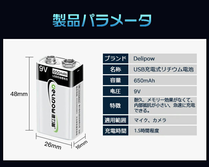 楽天市場】「WASHODO」DELIPOW 繰り返し使える 6P型 USB充電式電池 9V 650mAh リチウム イオンバッテリー USBケーブル 電池パック付き 「2本セット」 : アクトオートショップ 楽天市場】「WASHODO」DELIPOW 繰り返し使える 6P型 USB充電式電池 9V 650mAh リチウム イオンバッテリー USBケーブル 電池パック付き 「2本セット」 : アクトオートショップ