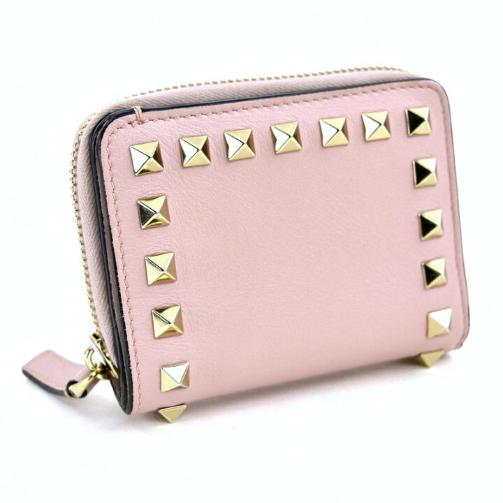 ヴァレンチノ ロックスタッズ 二つ折り財布 ピンク レザー レディース  