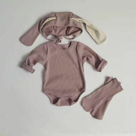 3点セット 赤ちゃん ベビー服 カバーオール ロンパース 秋服 長袖 帽子付き 新生児 可愛い 女の子 男の子 フワフワ 韓国 新生児用 うさぎ ウサギ 耳 コスプレ
