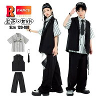 ダンス 衣装 ベスト 黒 キッズ セットアップ 女の子 男の子 カーゴパンツ 縦縞シャツ ヒップホップ かっ…