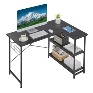 VECELO パソコンデスク L字デスク 幅110×奥行80×高さ75cm 棚付デスク A4対応 オープン収納棚 可動棚 ラック調整可能 送料無料