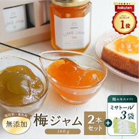 【送料無料】《レビュー★4.90》梅ジャム2本セット(160g×2種)＋梅エキスサプリ「ミサトールクリアお試し3袋入」 ジャム お試し 着色料無添加 保存料無添加 ゲル化剤無添加 香料無添加 安定剤無添加 国産 梅 無農薬 贈答 高級 ギフト 送料無料