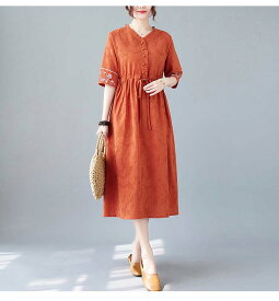 ワンピース 夏 春 綿麻 リネン 刺繡 ロングワンピース ワンピース ロング丈 7分袖 きれいめ 春 夏 Aライン 体型カバー 大きいサイズ シンプル カジュアル ゆったり 楽ちん お洒落 リゾート 旅行 海 ベルト付き