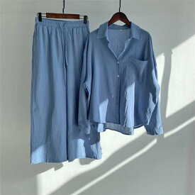 2点セット セットアップ レディース シャツ リネン コットン ワイドパンツ ドルマンシャツ ブラウス 綿麻 長袖 春 秋 ドルマン ビッグシルエット 大きいサイズ 体型カバー シンプル カジュアル 女性らしい きれいめ ルームウェア