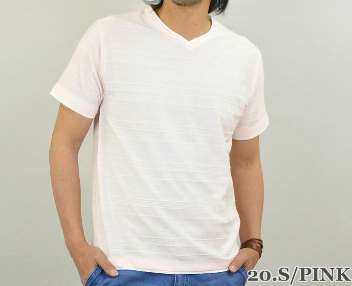 楽天市場 Tシャツ メンズ 半袖 無地 ジャガード Vネックtシャツ おしゃれ 重ね着風 Vネック ポリエステル コットン 綿 白 ピンク 紺 ホワイト ネイビー 半袖tシャツ カットソー メンズファッション トップス 春 夏 メール便 送料無料 Mb アダマス ファッション 小物