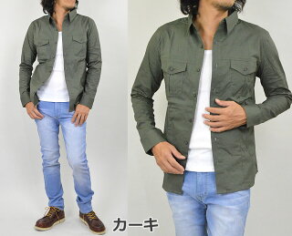 ミリタリーシャツメンズ長袖シャツストレッチ生地ブロードシャツカジュアルシャツ大きいサイズ3L(XXL)まで展開ミリタリーアーミー軍服シャツブロード無地伸縮性メンズファッション春春服春物メール便送料無料mb…