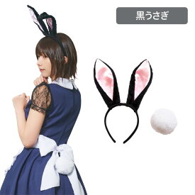 うさ耳カチューシャ + しっぽ SET けもみみしっぽセット ブラック 黒うさぎ ラビット うさ耳 うさぎ耳 ウサギ耳 けも耳 兔 兎 尻尾 耳 カチューシャ ヘアアクセサリー バニーガール 可愛い 動物 衣装 コスプレ コスチューム ハロウィン イースター お正月 仮装 s-cs_6g353