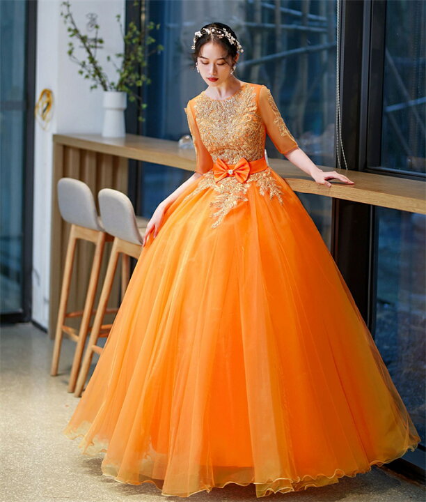 楽天市場】カラードレス 演奏会 カラードレス オレンジ 二次会ドレス  