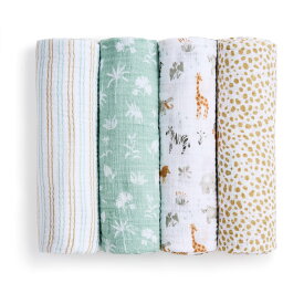 【セール 30%OFF】 おくるみ スワドル 4枚セット エイデンアンドアネイ公式 赤ちゃん ベビー 夜泣き 対策 モスリン ガーゼ コットン 100% 退院 aden+anais essentials ジラフサファリ eswc40038 112 x 112cm