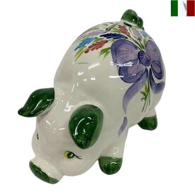 貯金箱 豚 花柄 陶器 イタリア インテリア オブジェ リボン 花柄