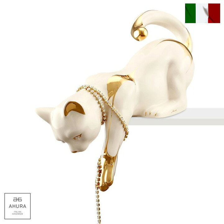 楽天市場】イタリア製 置物 動物 猫 陶器 24金メッキ スワロフスキー 