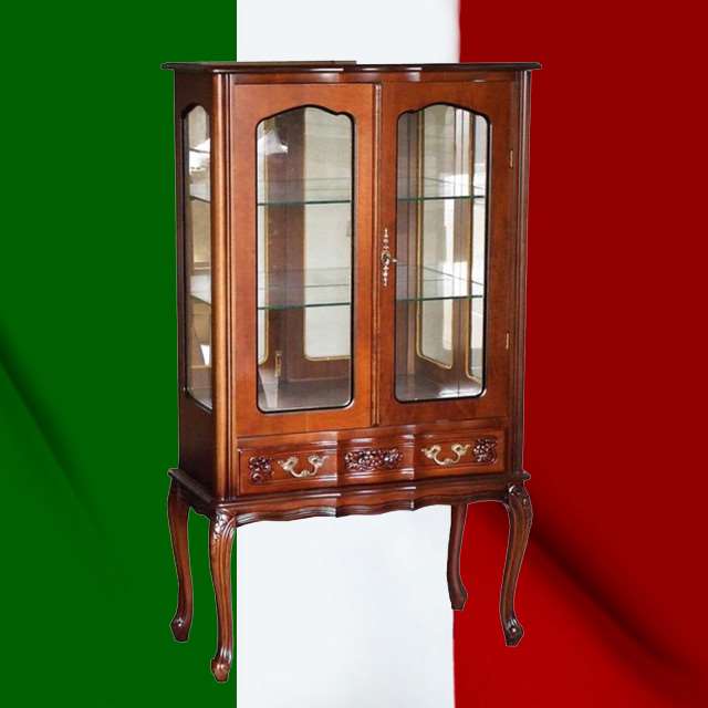 ガラスキャビネット 2ドア アンティーク テイスト 鍵付き 引き出し付 イタリア家具のサムネイル