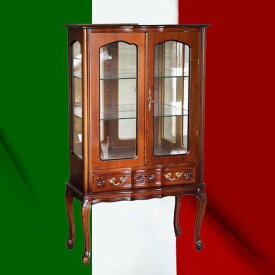 ガラスキャビネット 2ドア アンティーク テイスト 鍵付き 引き出し付 イタリア家具