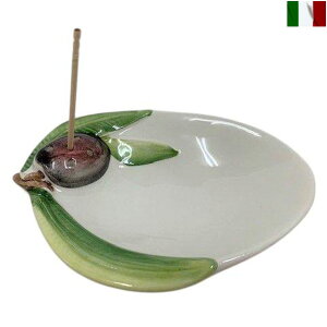 小皿 オリーブ柄 楊枝立て付 立体 イタリア 食器 インテリア陶器 お洒落 果実