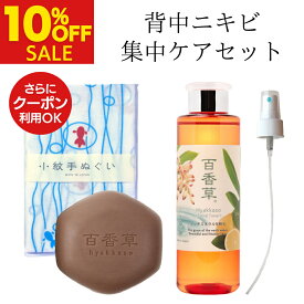 【8/12まで 10%OFF】百香草 美肌せっけん 80g ＋ リッチミネラル化粧水 200ml + 手ぬぐい + スプレーノズル 背中ニキビ 集中ケア セット ニキビ ケア にきび 背中 石鹸 石けん 化粧水 アトピー ボディ 低刺激 メンズ レディース 思春期 ニキビパッチ 不要