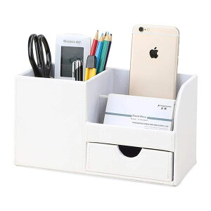 PUレザーデスクステーショナリーオーガナイザー収納ボックスペン/鉛筆スタンドリモートコントロールホルダー小型引き出し付き(ホワイト)