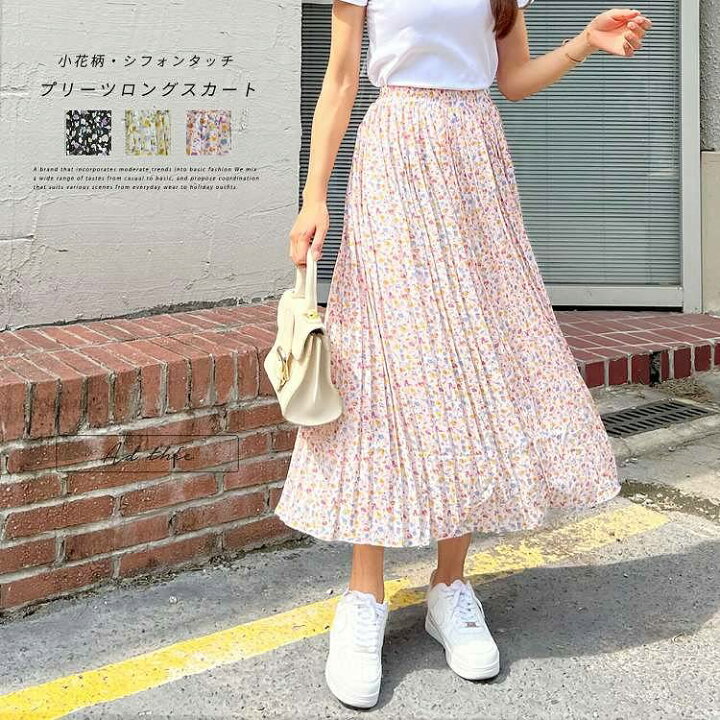 楽天市場】ロング スカート プリーツ 小花柄 シフォン タッチ ウエスト 