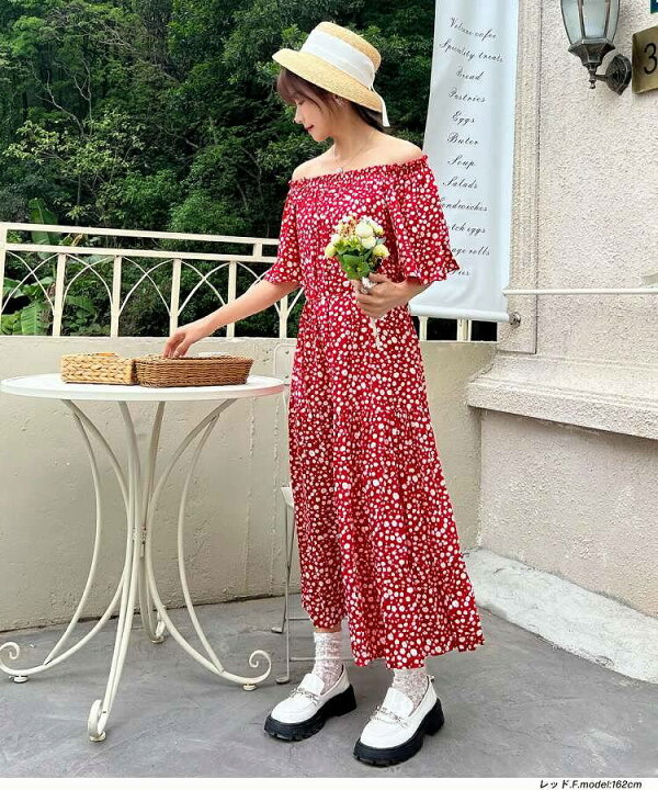 楽天市場】ロング ティアード ワンピース 小花柄 ネックギャザー 