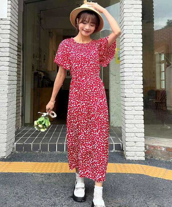 楽天市場】ロング ティアード ワンピース 小花柄 ネックギャザー 