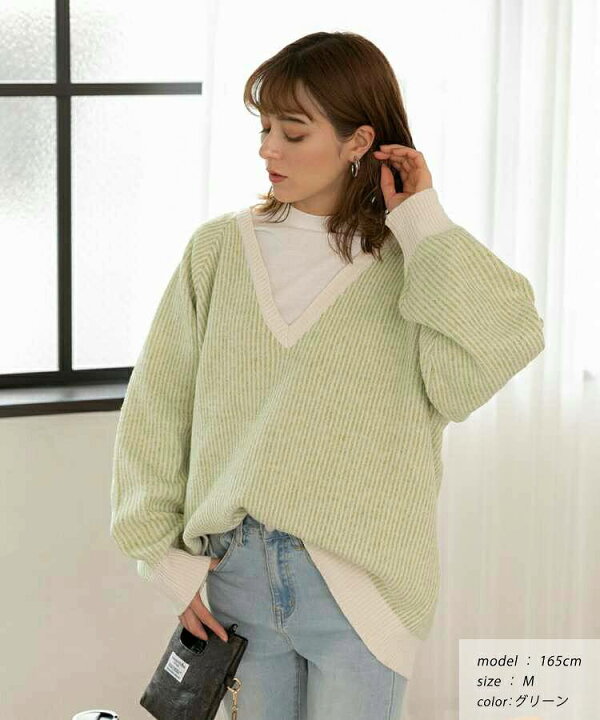 楽天市場】ストライプ ニット Vネック リブ ゆったり バイカラー 袖  