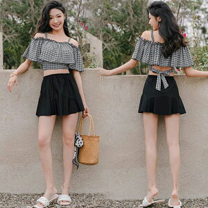 2点セット 水着 レディース 体型カバー 可愛い フリル チェック柄 水着 韓国 水着 タンキニ 水着 タンキニ 露出控えめ セパレート 上下セット スカート 可愛い水着 みずぎ 大人 水着 温泉 プ