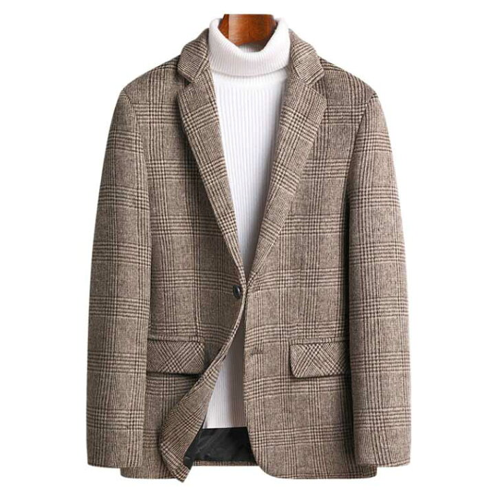 ウール混 アウター 細身 チェック柄 ジャケット メンズ ブレザー ビジネス ショートコート テーラードジャケット 冬服 秋 2つボタン スーツ カジュアルジャケット 厚手 メンズ ダッフル生地 紳士 男性着 チェスターコート 大きいサイズ M-5XL 秋