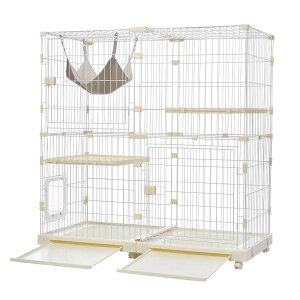 猫 ケージ キャットケージ 2段 幅広設計 自由組み合わせ 猫ドア付き ハンモック付き 大型 猫ゲージ 高級感 おしゃれ キャットハウス ネコ ハウス スチール 【ベージュ】