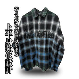 ADWENS グラデーションチェックシャツ メンズ 春 秋 コットン ブルー S-XXL