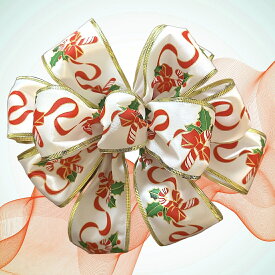 クリスマスリボン 蝶結び ホワイト キャンディケーン柄 ゴールド ツリートップ 可愛い ワイヤーエッジリボン ゴージャス オーナメント インテリア Merry Christmas ラッピング デコレーション パーティー イベント 誕生日 結婚式 飾りやすい 公園店舗教室学校商業施設