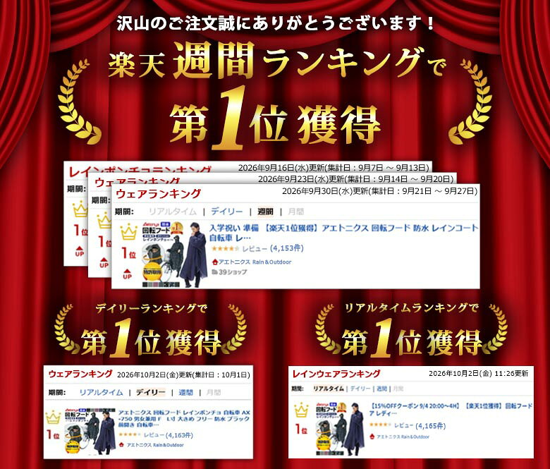 【楽天1位獲得】 回転フード レインコート 自転車 レインポンチョ 防水 レディース メンズ ax-750 原付 ポンチョ 通勤 通学 おしゃれ レインウェア リュック 防災 撥水 雨 首が回る カッパ 雨具 シンプル 男女兼用 公式 アエトニクス - メイン画像 3