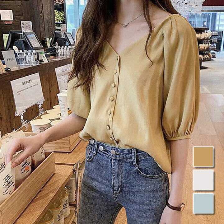 楽天市場】くるみボタン5分丈ブラウス レディース トップス 春 夏服 秋 