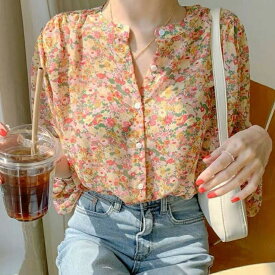 花柄シフォンブラウス 春 夏服 秋 韓国ファッション 10代 20代 30代 レディース きれいめ トップス 長袖 シャツ 通勤 オフィスカジュアル