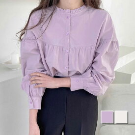 ギャザーシャツブラウス レディース 10代 20代 30代 韓国ファッション 春 秋 カジュアル 長袖 シンプル おしゃれ 可愛い 白