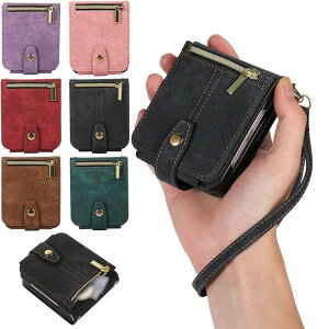 Galaxy Z Flip5 ケース 耐衝撃 カバー 折りたたみ型 ファスナー付きポケット ストラップ付き カード収納 レザー調 ケース Samsung サムスン ギャラクシー Z フリップ5 アンドロイド おすすめ おしゃ