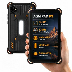 AGM P3 8.68�C���` �^�u���b�g Android 16 MTK G99 6GB/128GB 120Hz�X���[�Y�\�� IP68/IP69K�h���h�o �R�K�ϏՌ� 7200mAh�������o�b�e���[ �L�����v���C�g ���{��Ή� �������[ �F�� 1 �N�ۏ�