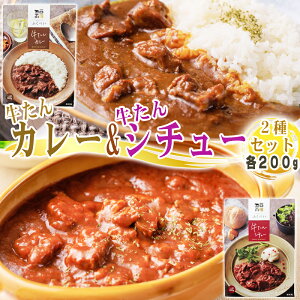 牛たんカレー&牛たんシチュー 2種セット ゴロッと柔らかい牛たんがたっぷり 各1人前200g×2袋 計400g 4分の1の50gが牛たん レトルト 仙台名物 牛たん 牛タン メール便 NP 送料無料 即送 [牛たんカ