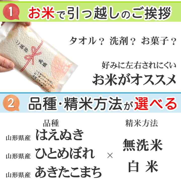 楽天市場 挨拶米 はえぬき ひとめぼれ あきたこまち ２合 ４個 デザイン10種類以上 山形県産 ブランド米 引っ越し 挨拶 ギフト 御礼 粗品 参加賞 景品 ノベルティ メッセージ 白米 無洗米 送料無料 東北の農産特産品アグリパートナー