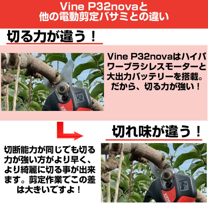 楽天市場 電動剪定はさみ 和光商事 ｗａｋｏ バイン Vine P32nova 電動剪定バサミ 電動剪定鋏 充電式剪定ばさみ 充電式剪定鋏 電動ばさみ 剪定鋏 剪定バサミ 枝切 コードレス ぶどう うめ 果樹 アグリズ楽天市場店